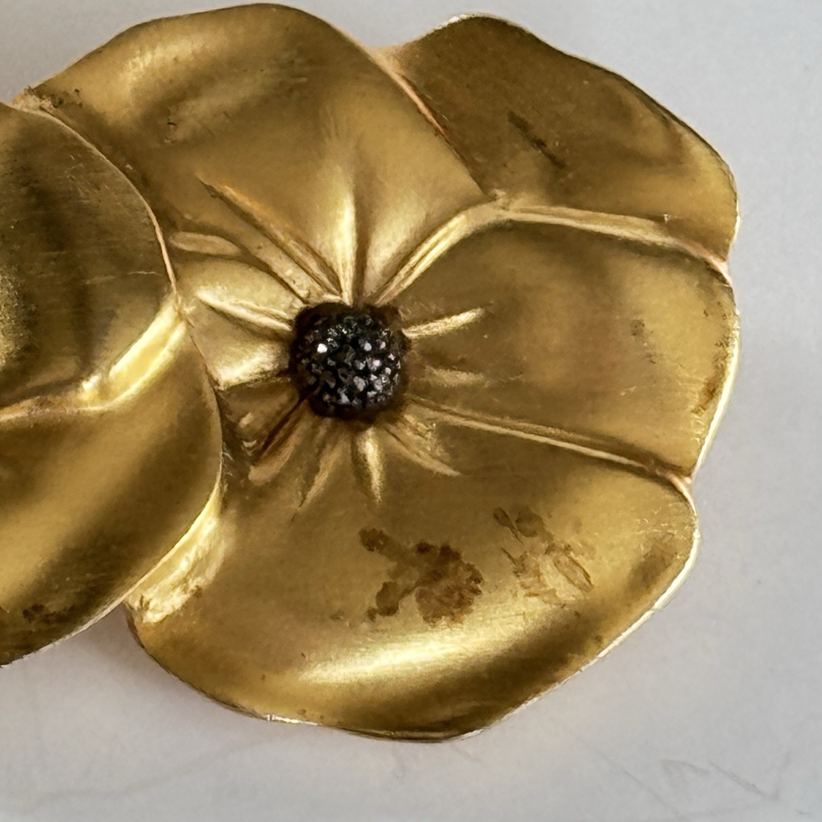 Vintage Judith Jack 80s/90s Satin Brushed Gold Tone Trio Pansy Flower Brooch HTF