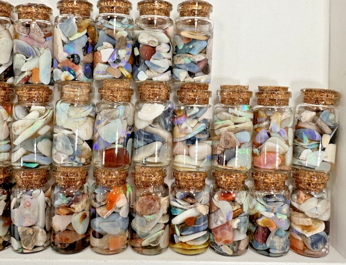 40 ct Premium Australian Coober Pedy Rough/Rubs Opals in Glass Bottles