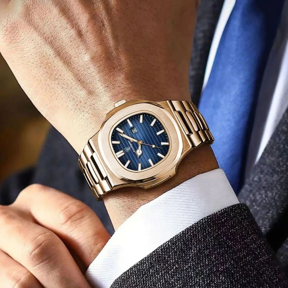 POEDAGAR Square Men Waterproof Luminous Date Stainless Steel Quartz Watch
