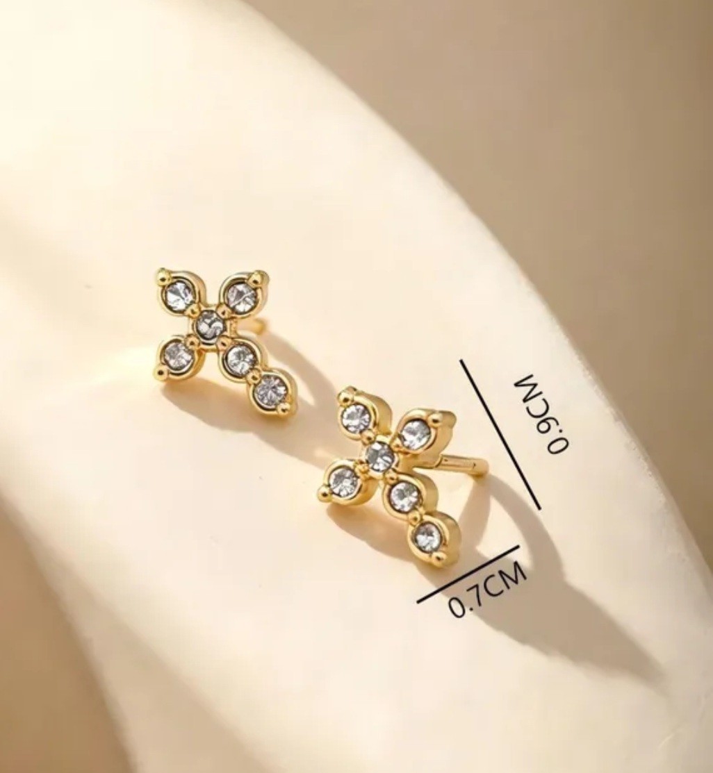 Gold Tone Cross Stud Earrings Simulated Diamond White Round Butterfly 0.9cm