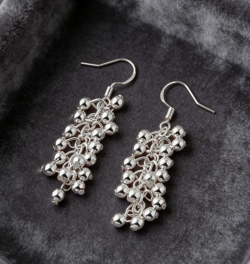 Silver Plated Alloy Small Round Bead Cluster Hanging Fashion Dangle Earrings
