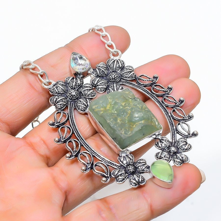 Prehnite, White Topaz Gemstone 925 Sterling Silver Jewelry Necklace 18″ B012