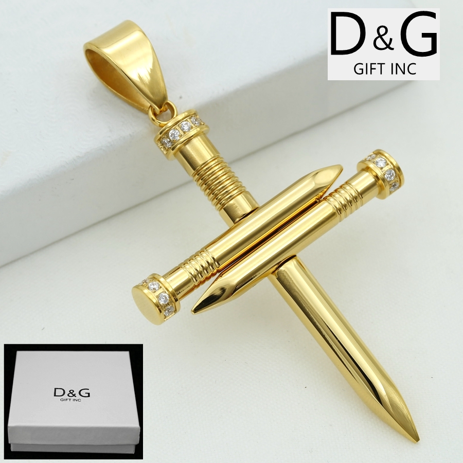 DG Men’s Stainless Steel CROSS.Nail CZ Round 65mm Pendant,Unisex,Gold plated BOX