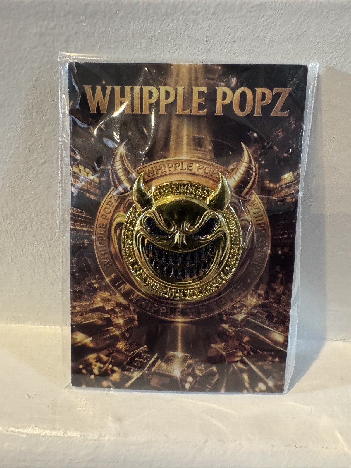 WHIPPLE PINZ POPZ Fitted Hat ENAMEL PIN Horned Devil GOLD BAR COLORWAY Hat Coin