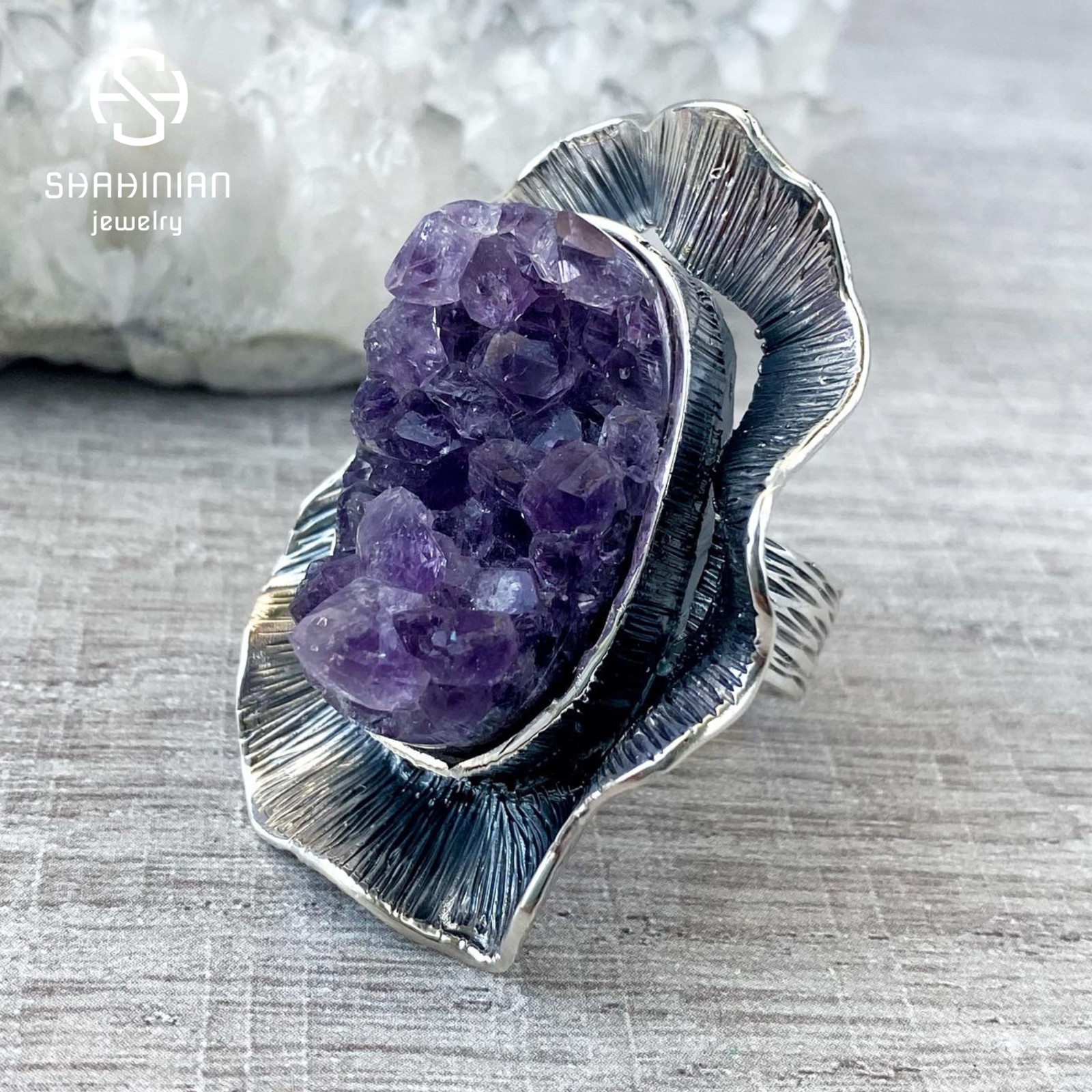 Big flower Raw Amethyst Ring Sterling Silver Purple Druzy large ring, Armenia