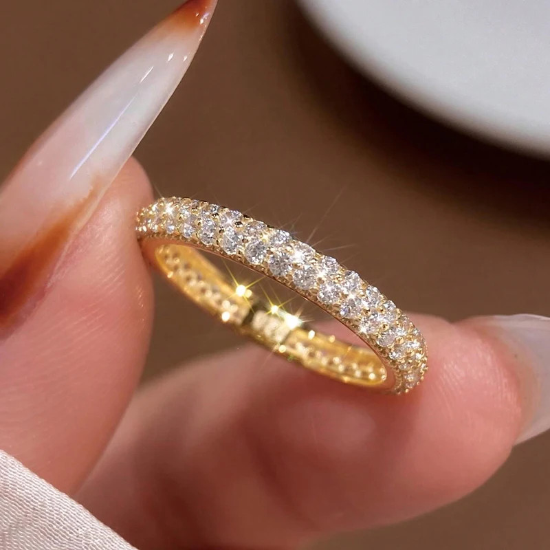 Stackable Plain Ring 925 Sterling Silver 1.4mm Full Zircon Wedding Band Jewelry