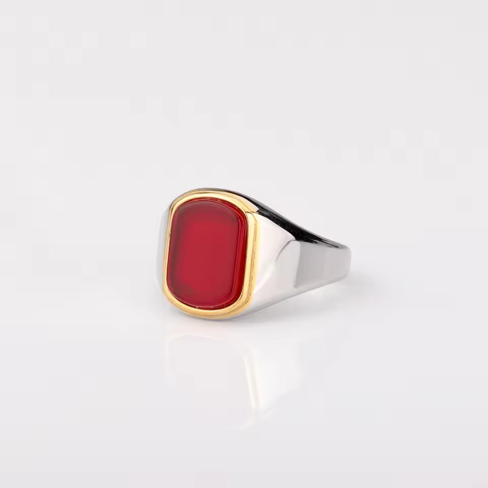 Men Ring High Quality 316L Stainless Steel Mix Gold Silver Red Stone Rectangle