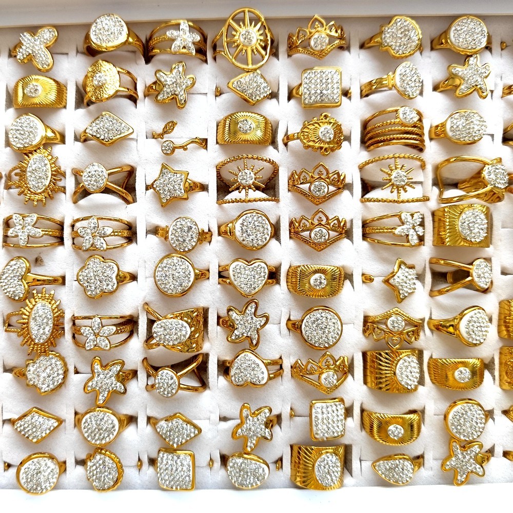 20Pcs Luxury Gold Full Zircon Ring For Women Assorted Style Stainless Steel Ring