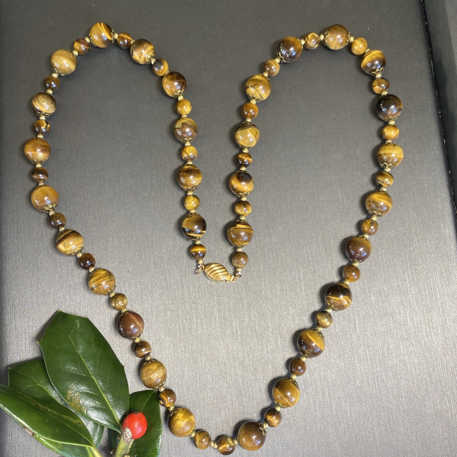 Vintage Tigers Eye Necklace Estate Fine Jewelry Pre-Owned Floral Filigree 25″