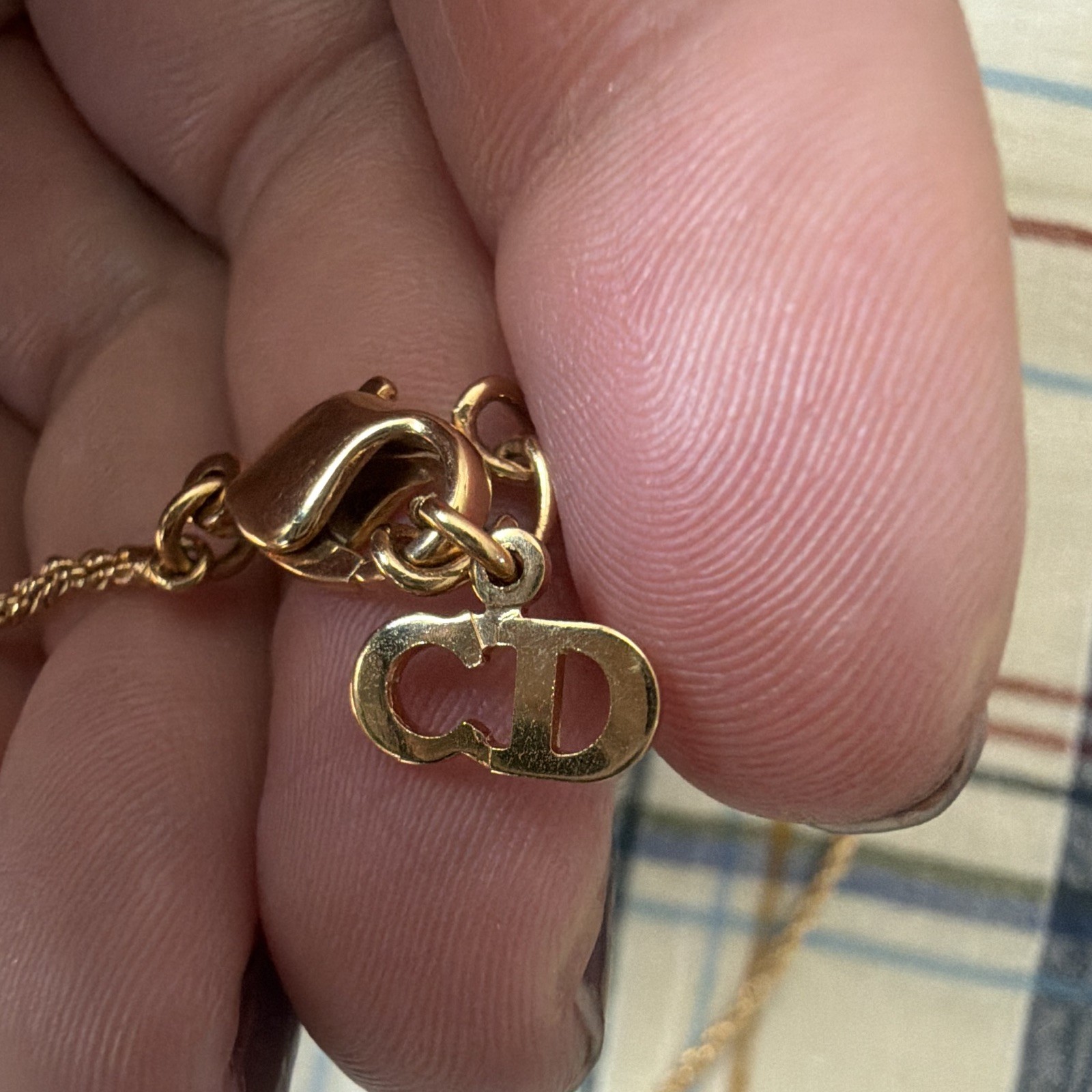 Dior Signed Gold Tone Rope Chain Oval Pendant Pavé Clear Crystal Necklace