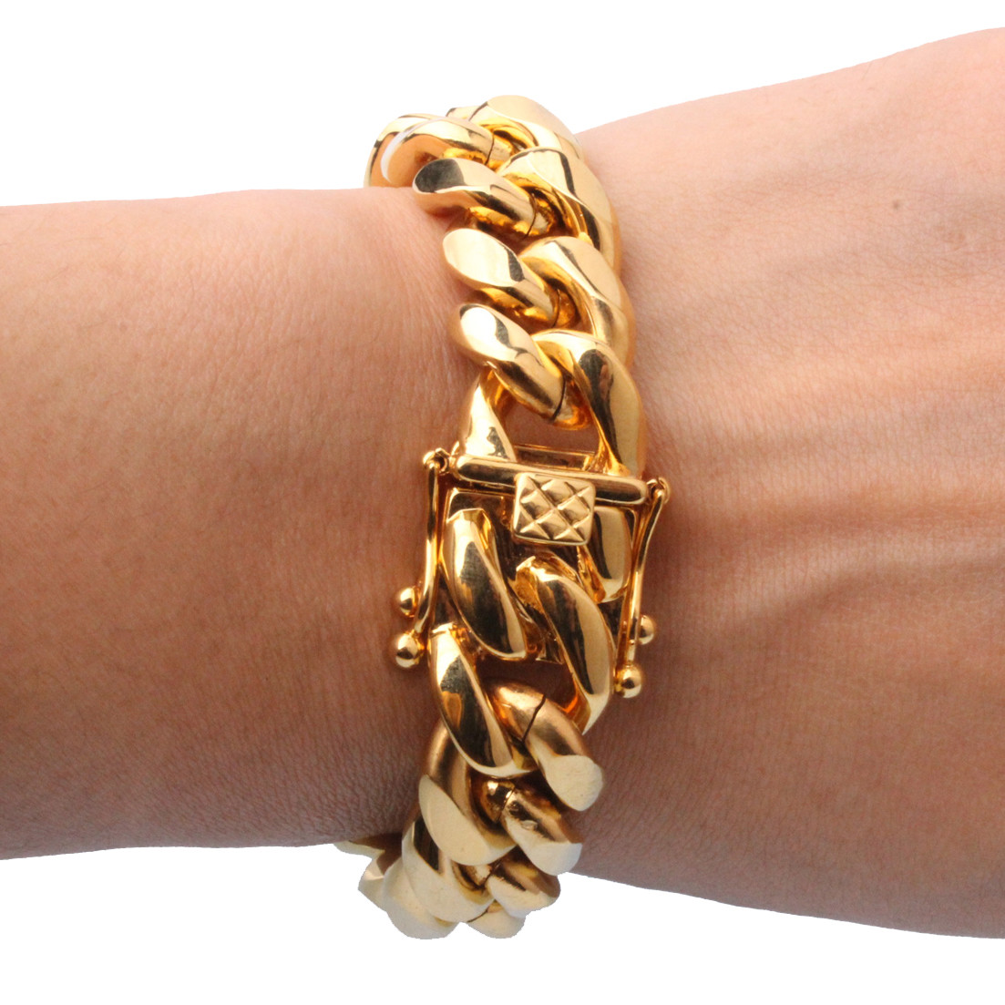 16mm30in Men Cuban Miami Link Bracelet Chain Set 14k Gold Plated StainlessSteel
