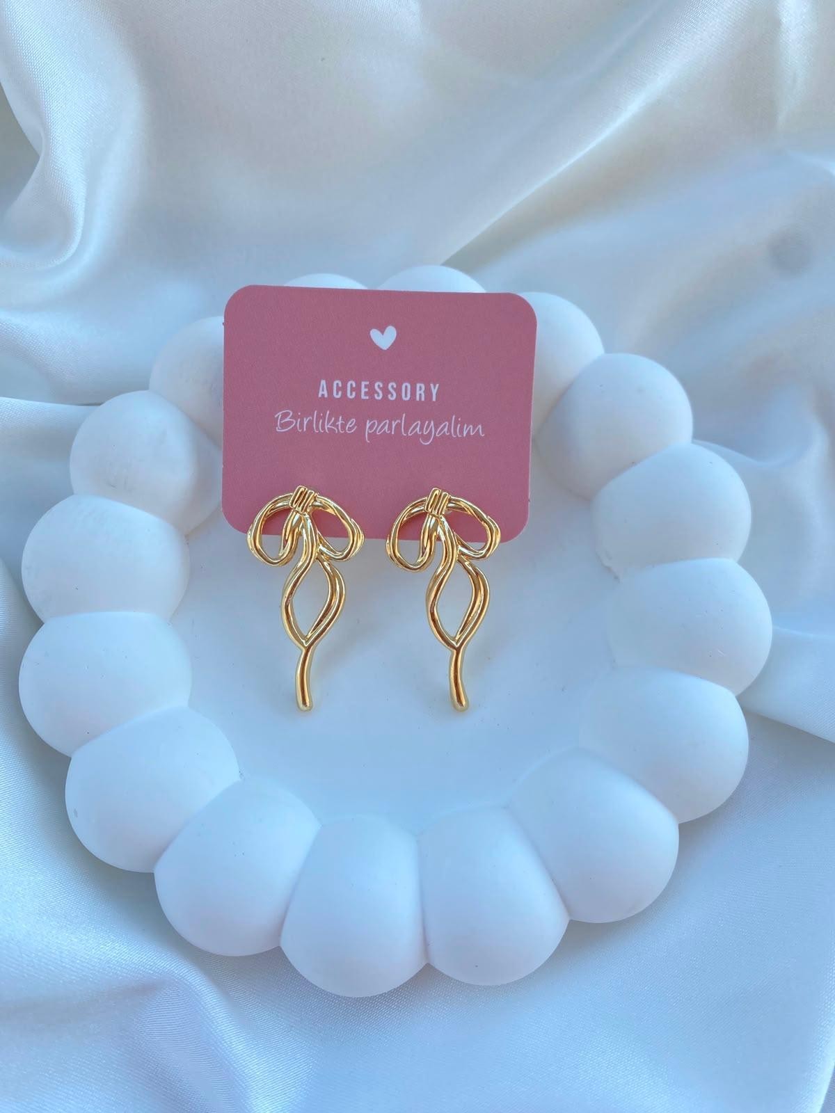 Handmade Gold Bow Earrings Women Wire Ribbon Stud Dangle Minimalist Trendy