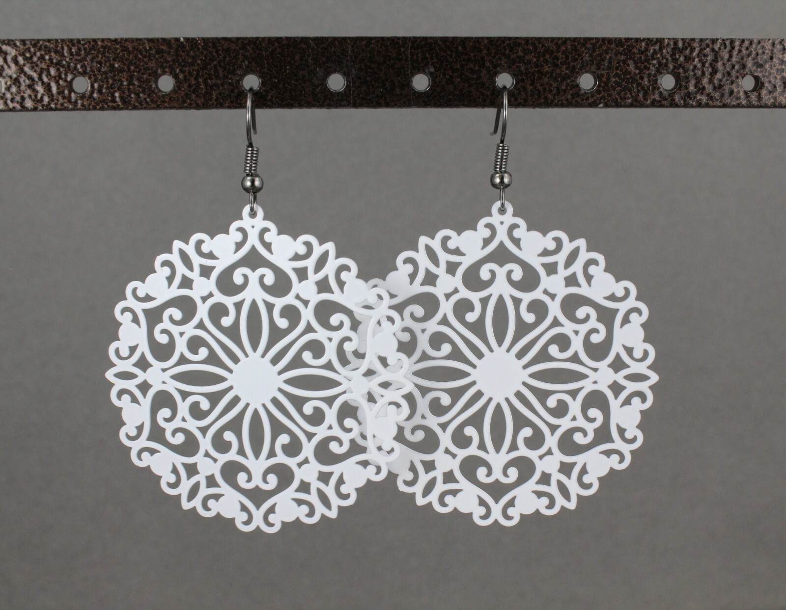 White round earrings cut out lace filigree scroll circle 2.5″ long very Light