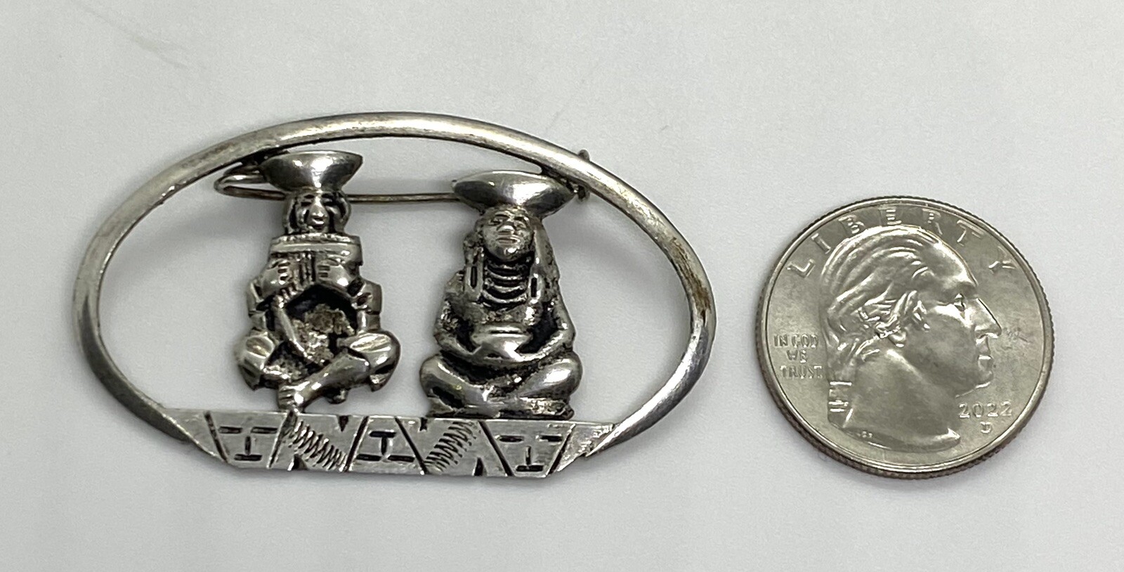 Vintage Mexico Sterling Silver Hand Crafted Villagers Pin Brooch 2.1/8” 6.80g