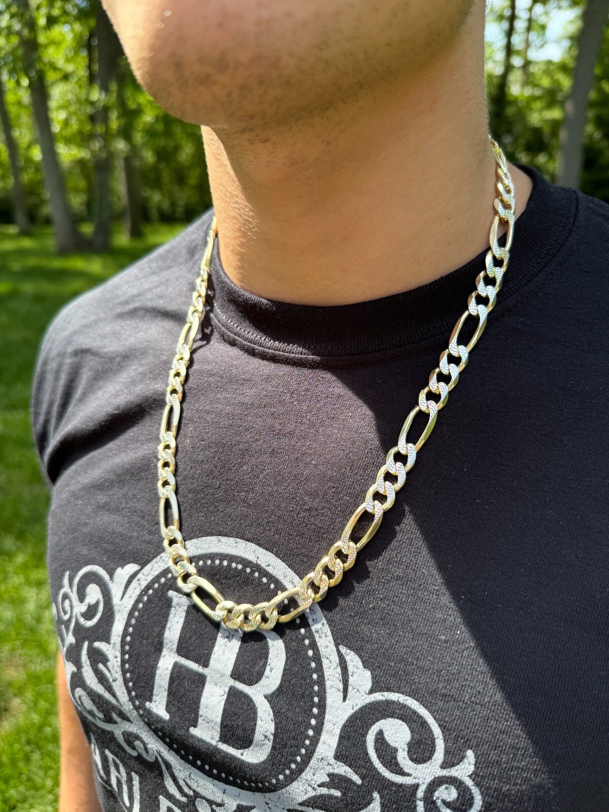 14k Gold Plated Solid 925 Sterling Silver Figaro Link Chain Two Tone Diamond Cut