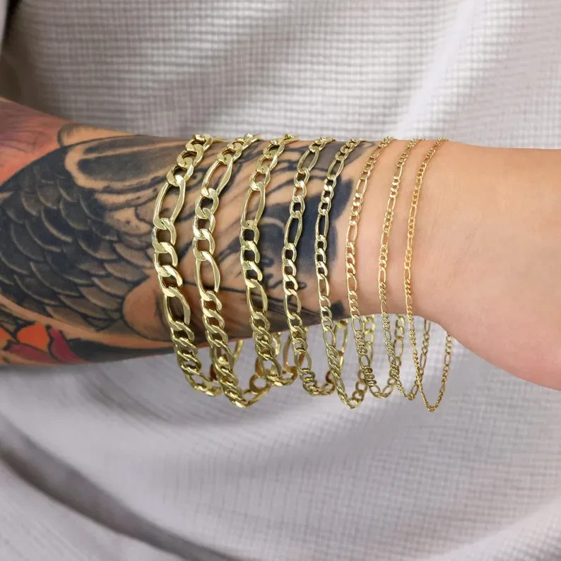 10K Yellow Gold Hollow Figaro Bracelet Real Gold Chain Unisex Jewelry 2mm-6.5mm