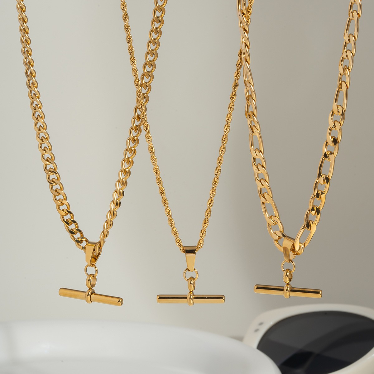 Hip Hop Punk Stainless Steel T-Bar Pendant Fried Dough Twists Chain Cuban Chain