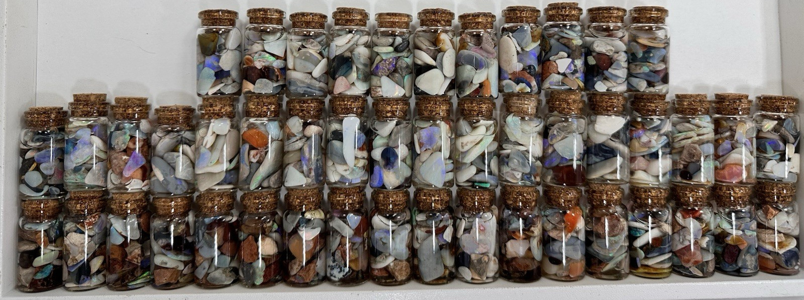 40 ct Premium Australian Coober Pedy Rough/Rubs Opals in Glass Bottles