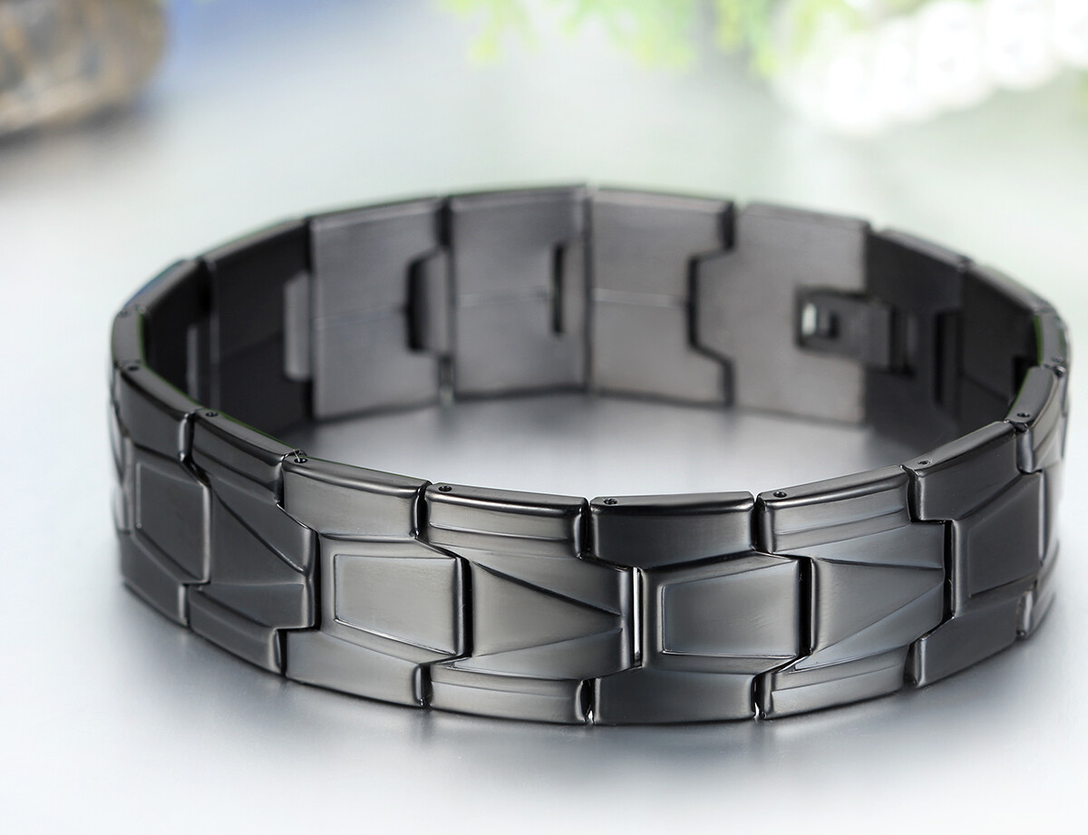 Men’s High Polished Stainless Steel Black Greek Key Link Chain Bracelet Bangle