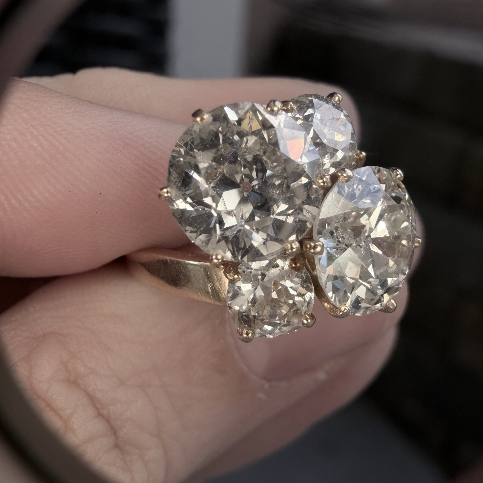 Over 9 Carat Two Old European Cut Diamond 2 Old Mine cut Diamond 18k Ring French