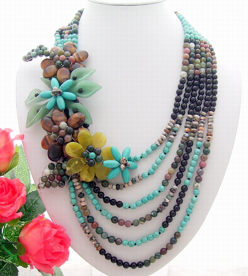21″ Turquoise Agate Onyx Tigers Eye Statement Necklace