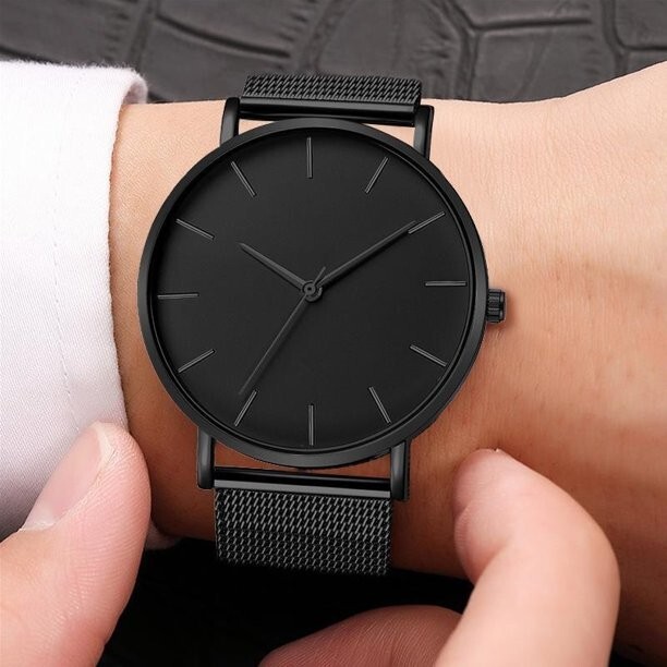 Men Quartz Blackout Watch – Minimalist Ultra Thin Stainless Steel Watch