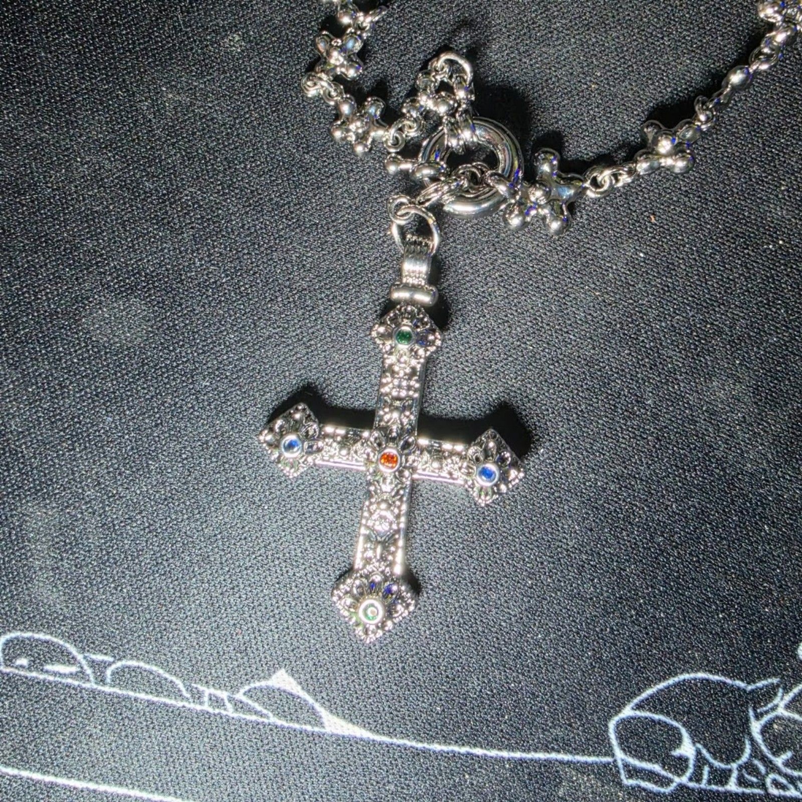 Ornate Vintage Gothic Cross Pendant Necklace Multicolored Stones 25″ Link Chain