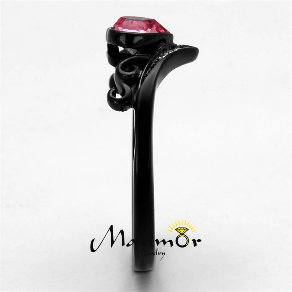 Women’s Round Cut Pink Crystal Black Stainless Steel Heart Fashion Ring Sz 5-10