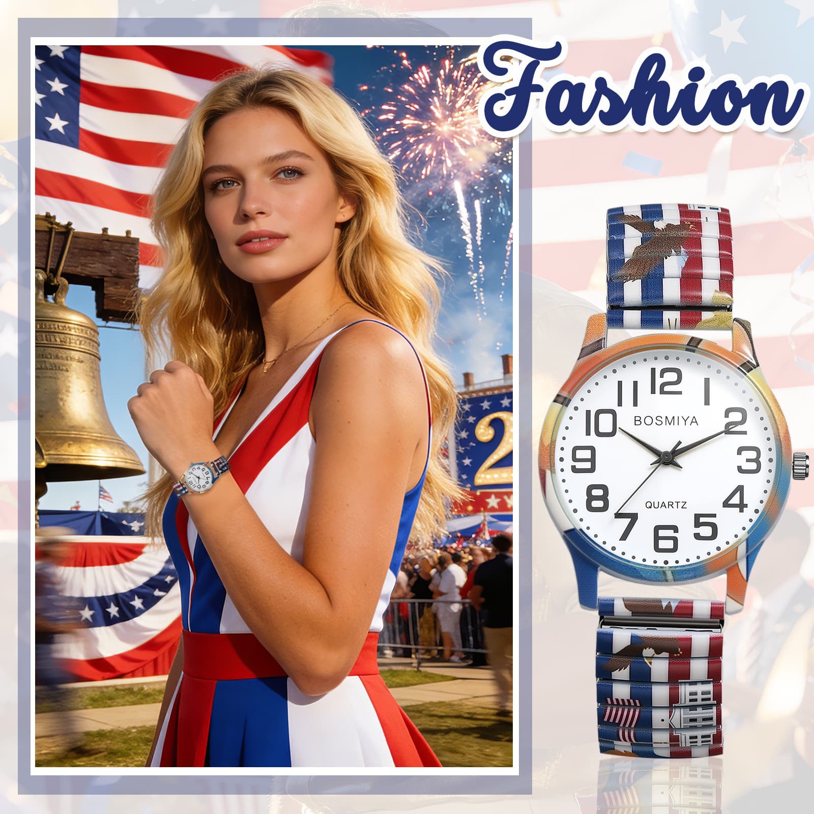 Men Women USA 250th Anniversary Stainless Steel Printed Elastic Band Wrist Watch