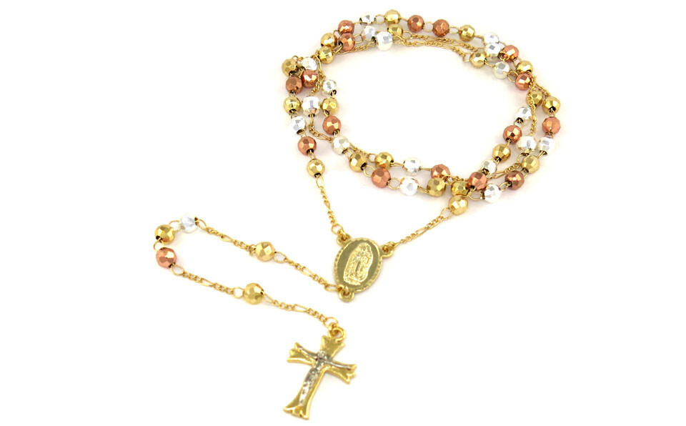 18K Yellow & Rose Gold Plated 24″ Diamond Cut Rosary Jesus Cross Charm Necklace