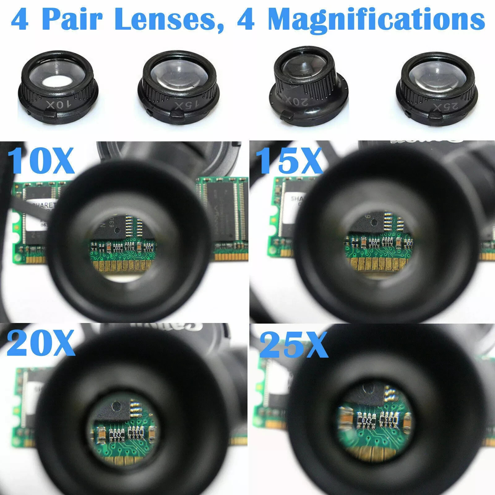 Double Eye Jewelry Watch Repair Magnifier Loupe Glasses With LED Light 8 Lens US