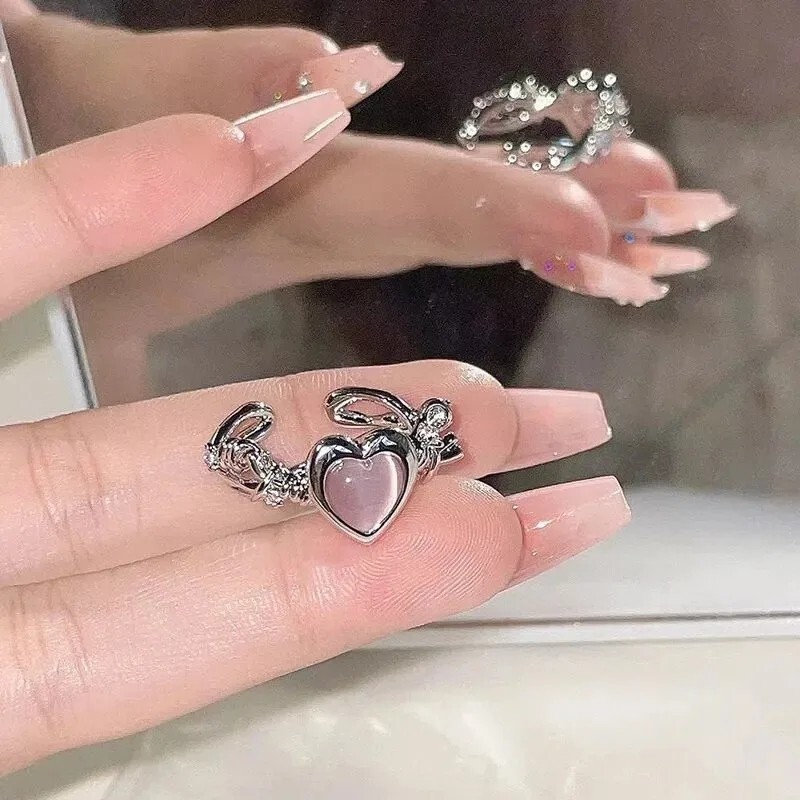 New Adjustable Heart Opening Ring Cat Eye Women Rings Fashion Jewelry Pink Love