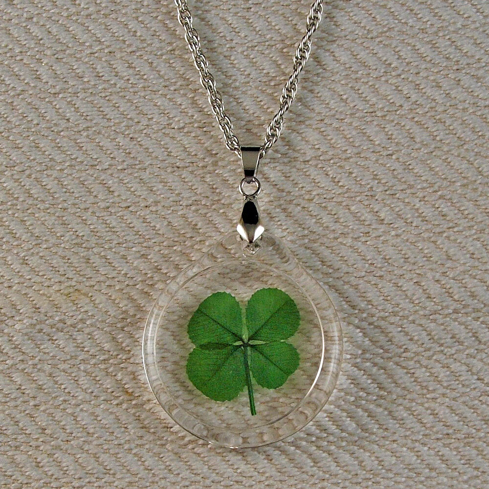 Good Luck Charm Acrylic Necklace with a Real Four Leaf Clover AN-4J