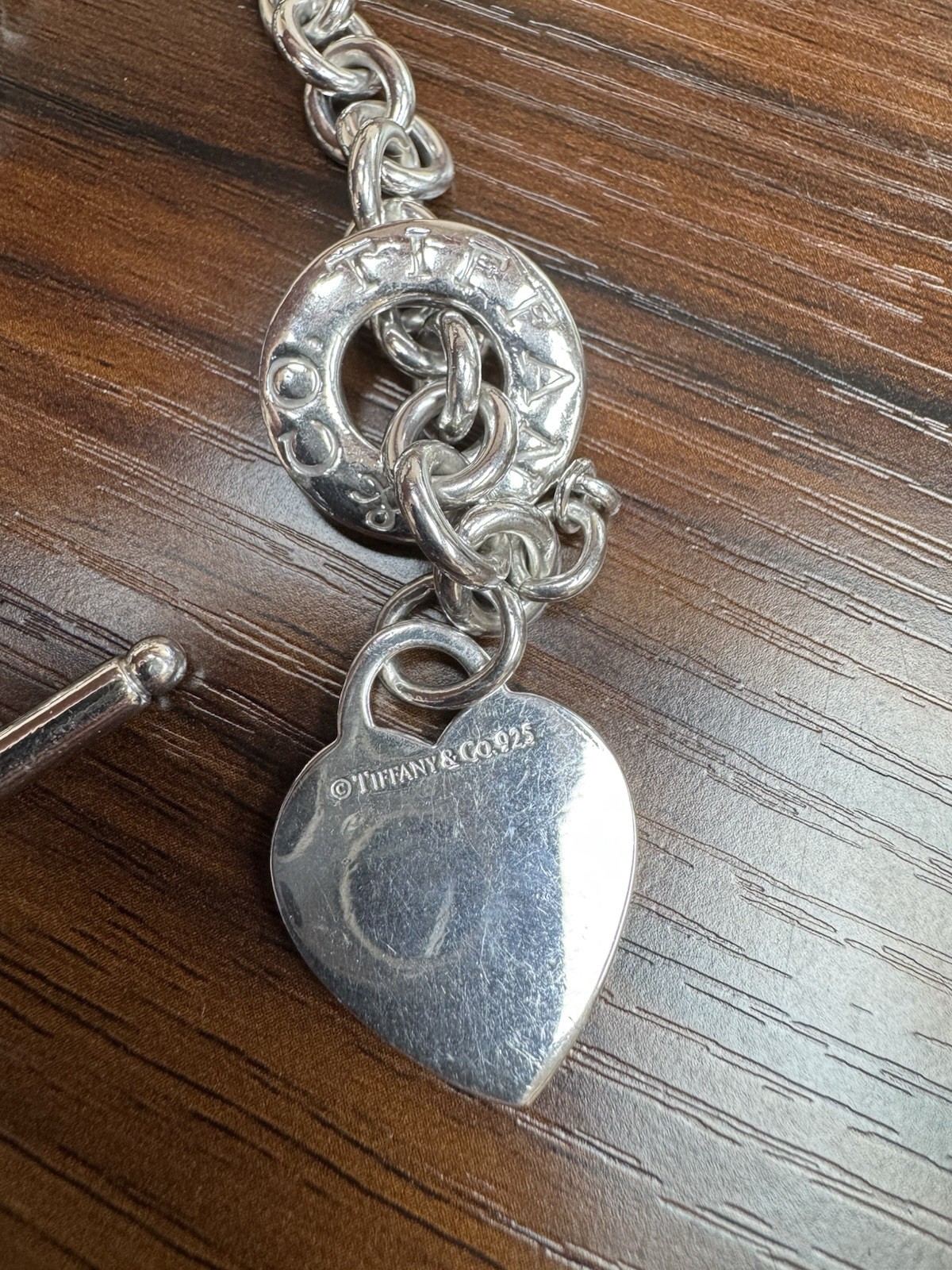 Tiffany & Co. 925 Sterling Silver Heart Dangle Charm Toggle Bracelet