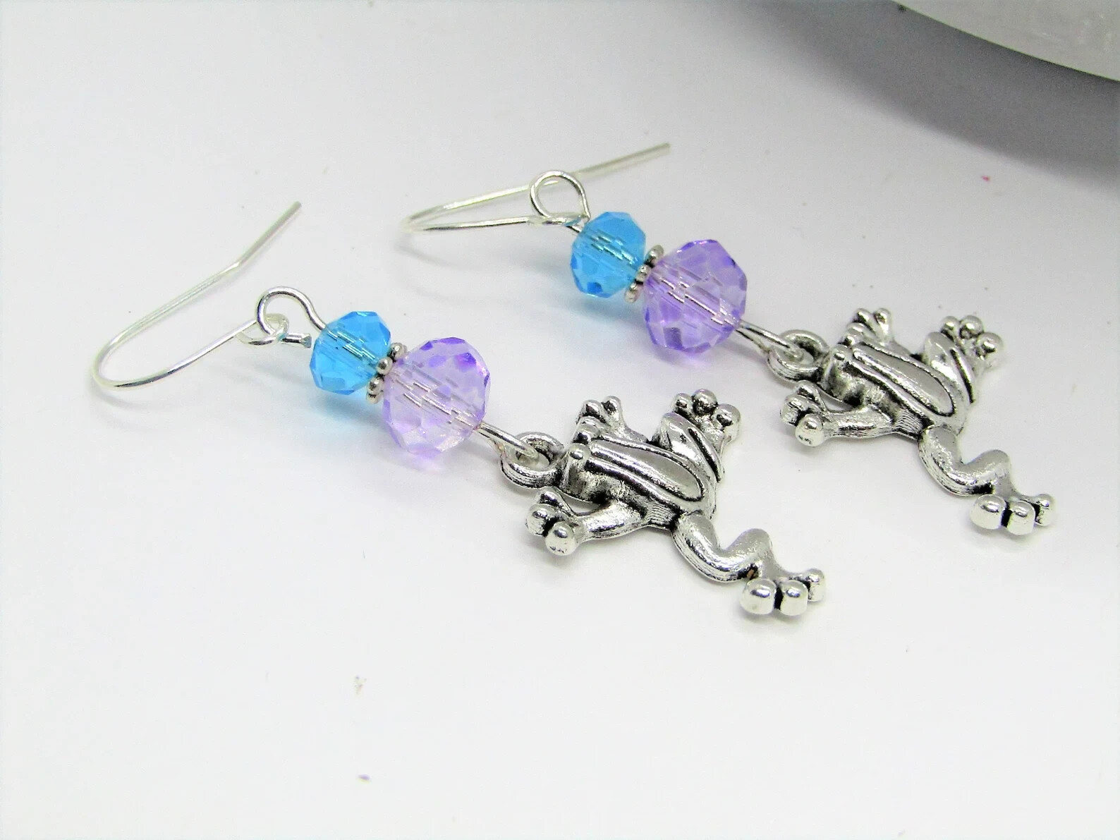 Blue & Purple Glass Stainless Steel Frog Charm Silver Dangle Earrings