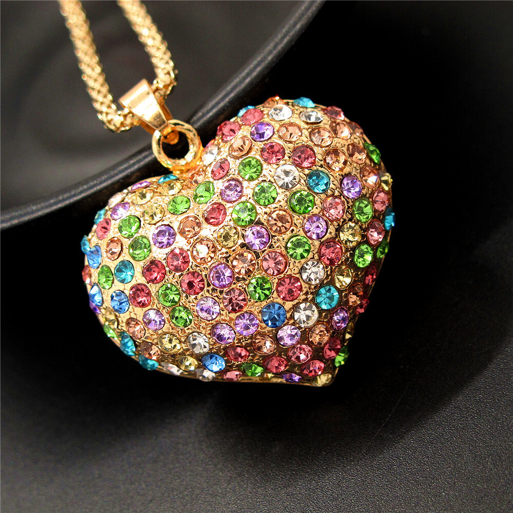 Hot Fashion Women Color Rhinestone Heart Love Crystal Pendant Chain Necklace