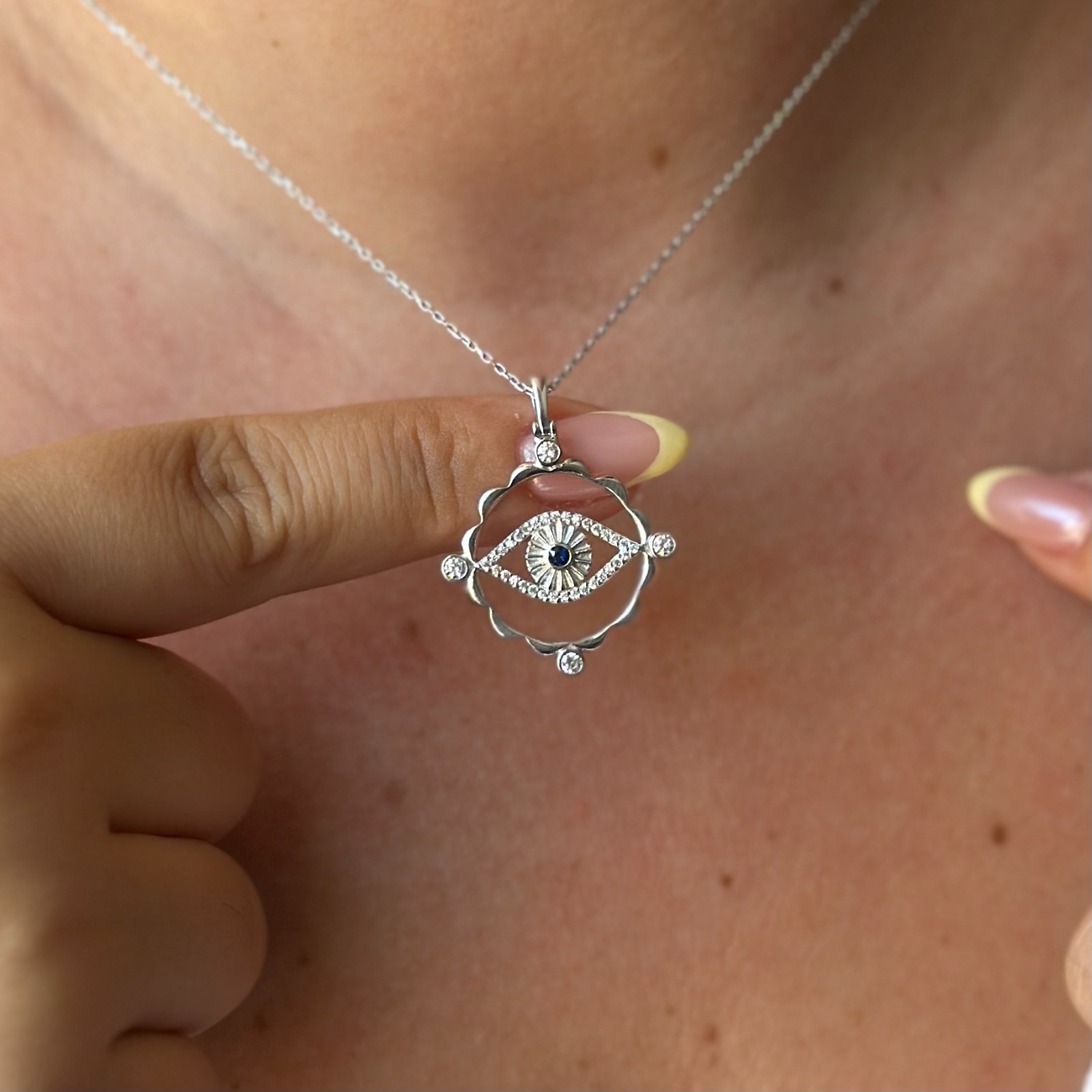 14k Gold Evil Eye Pendant Necklace Lab-Created Sapphire Diamond Protective Charm