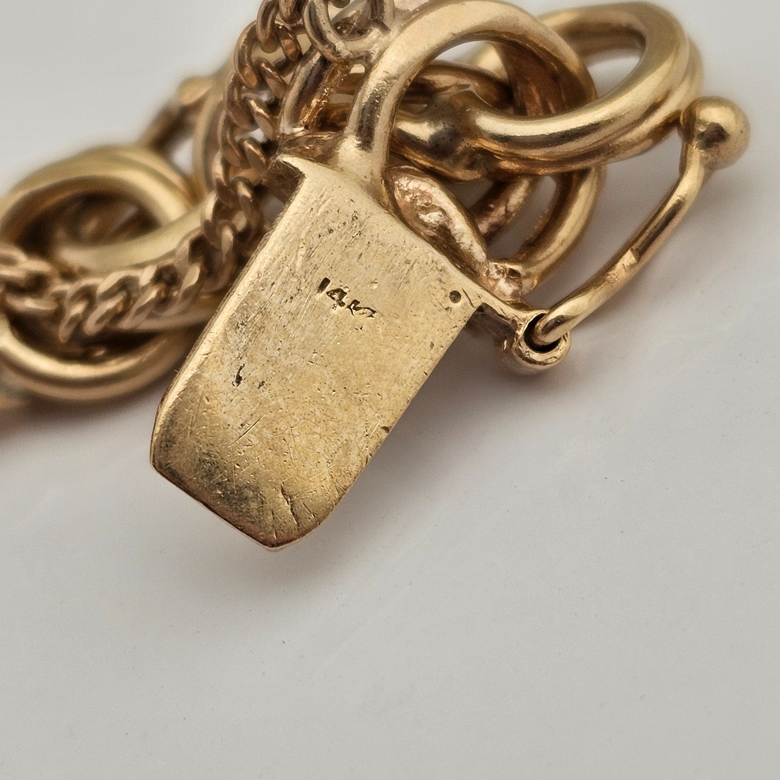 14K Gold CHUNKY DOUBLE CURB LINK CHARM BRACELET Size 6.5 Vintage 39 Grams