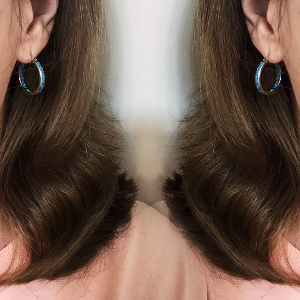 925 Sterling Silver Hoop Earring, Opal Small Small, Blue and Sliver