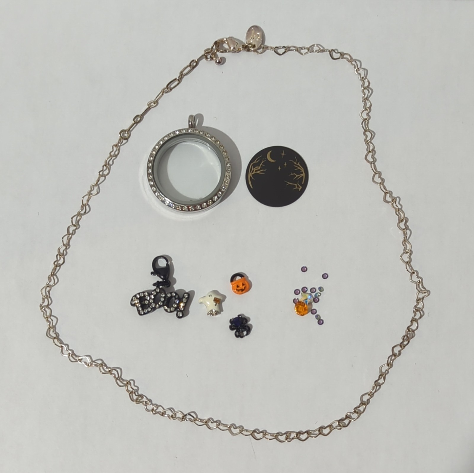 Origami Owl Silver Tone Round Locket Necklace Crystal Charm Halloween Adjustable