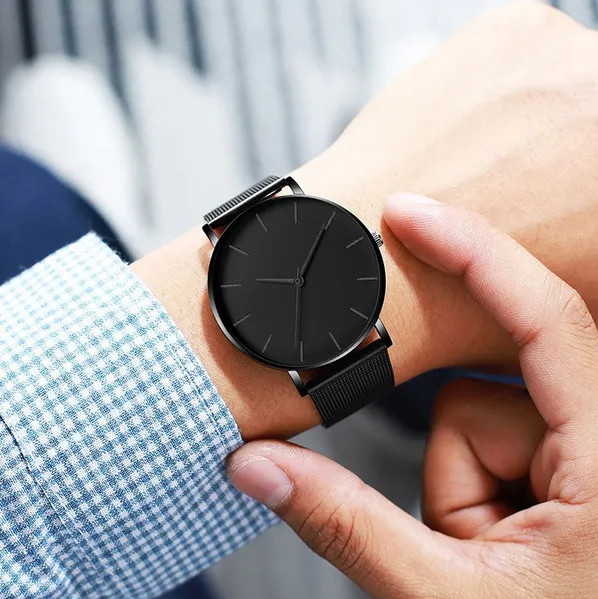 Men Quartz Blackout Watch – Minimalist Ultra Thin Stainless Steel Watch