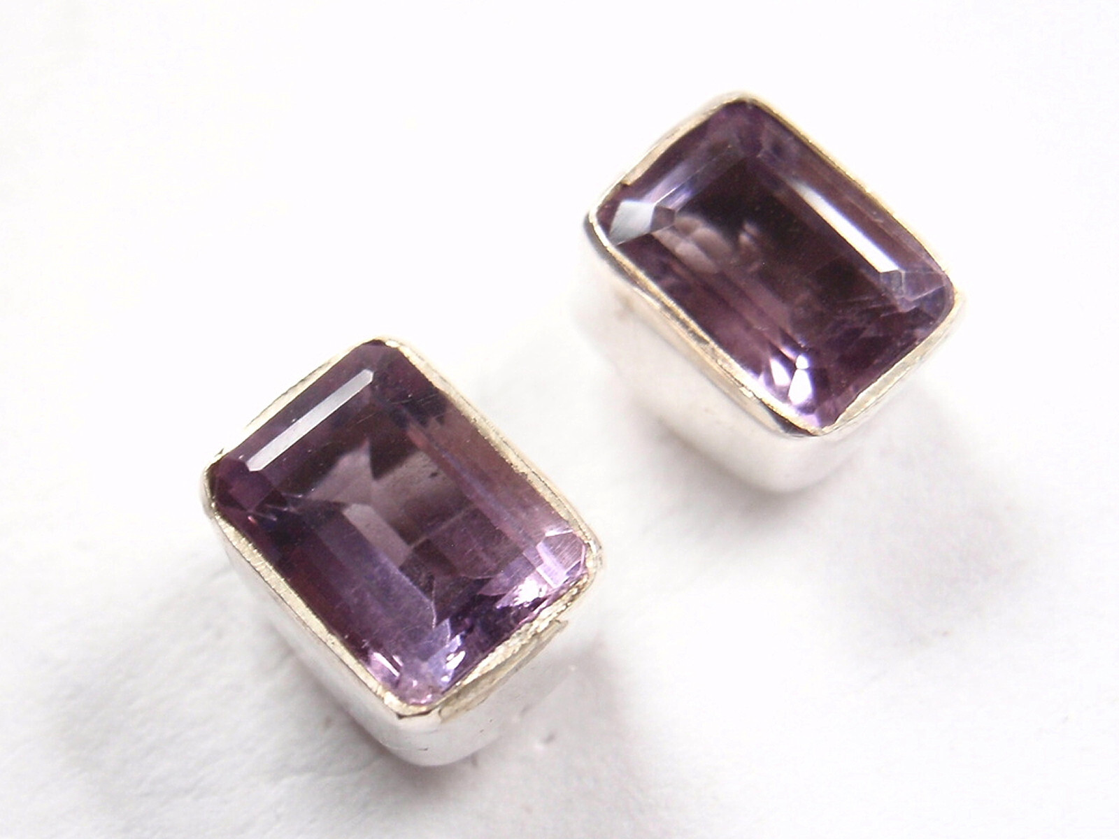 Faceted Amethyst Rectangle Stud Earrings 925 Sterling Silver