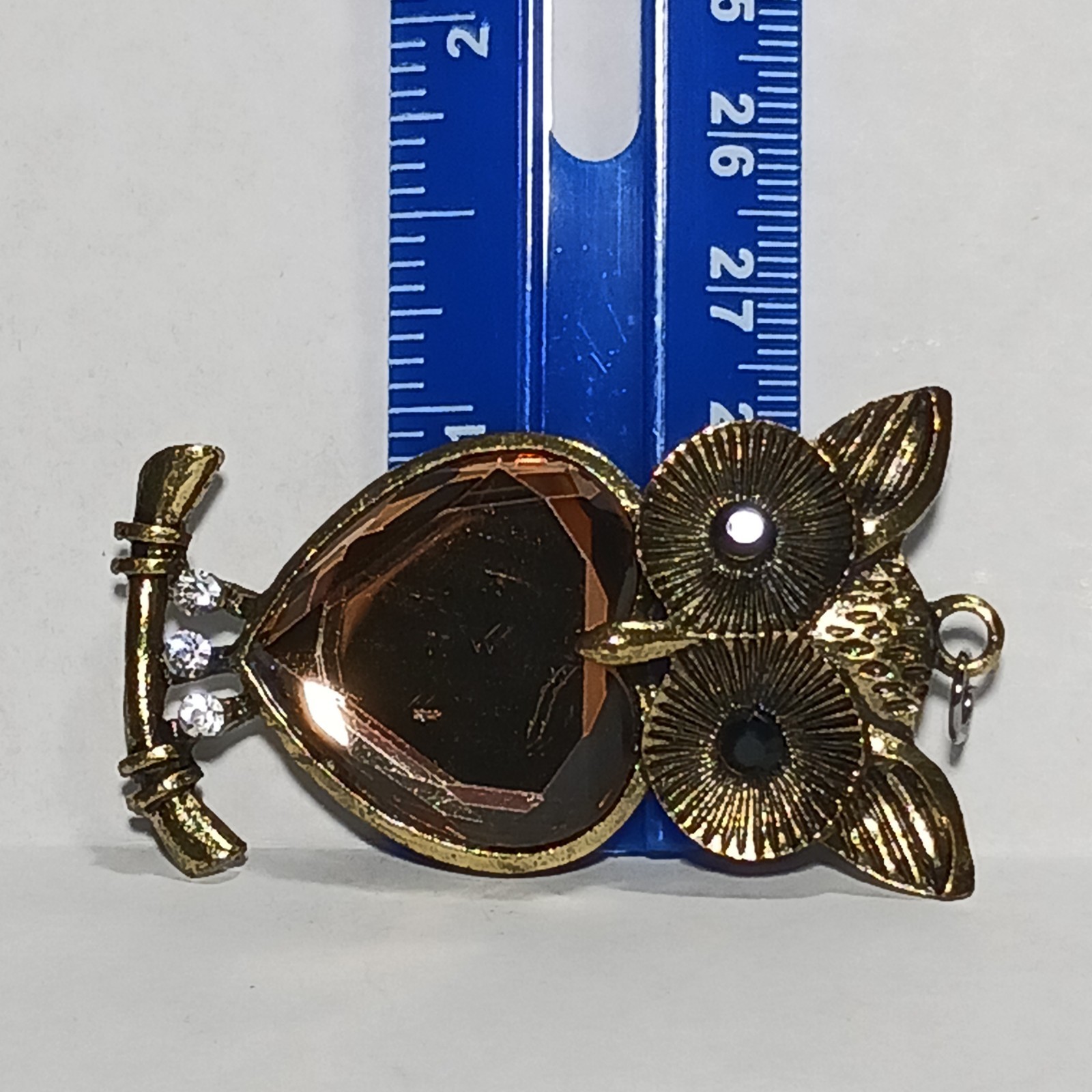 Owl Pendant Large Eyed Heart Shape Foil Back Glass Rhinestone Belly VTG Jewelry