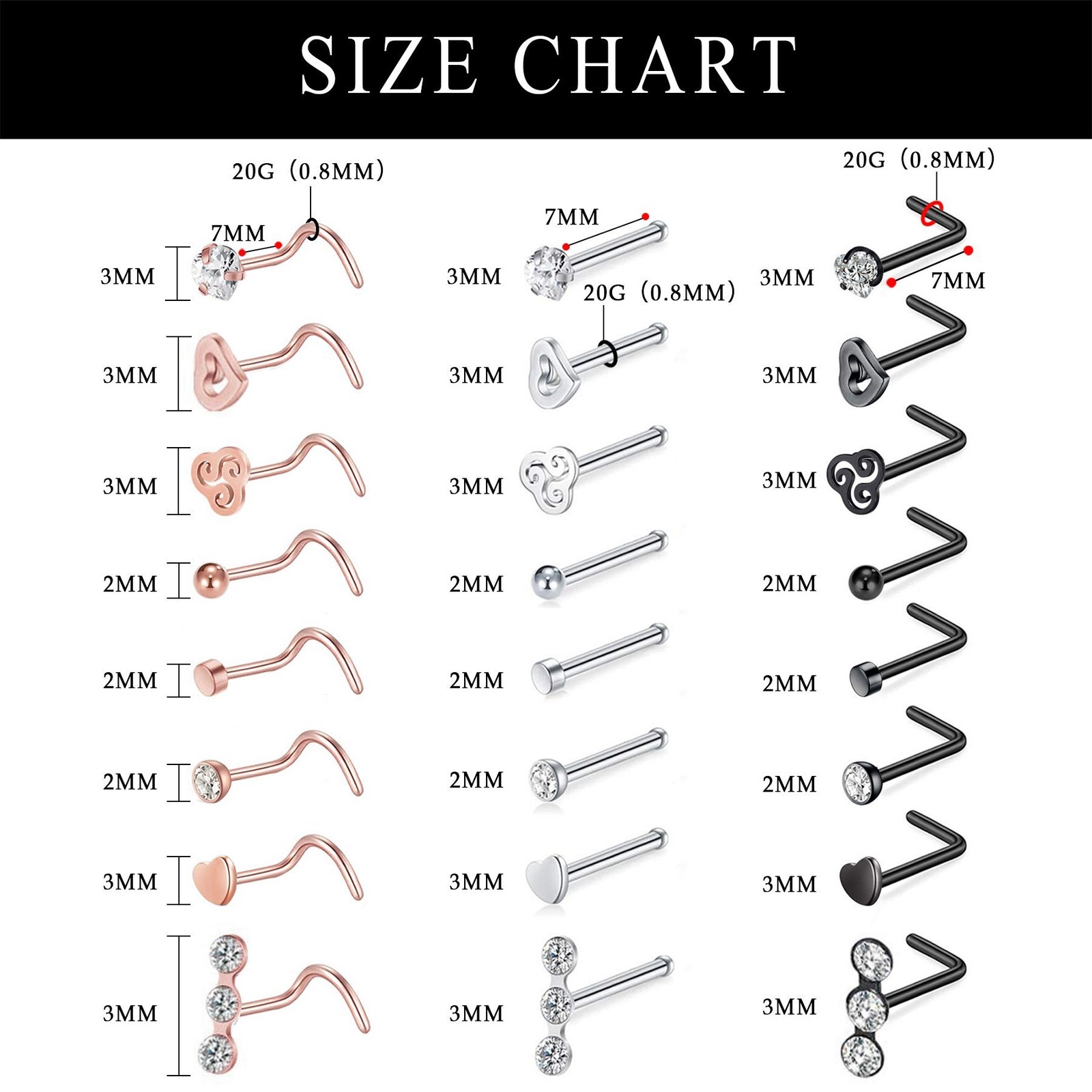 33-36PCS Stainless Steel CZ Nose Stud Nose Hoop Rings Stud Hoop Piercing Jewelry