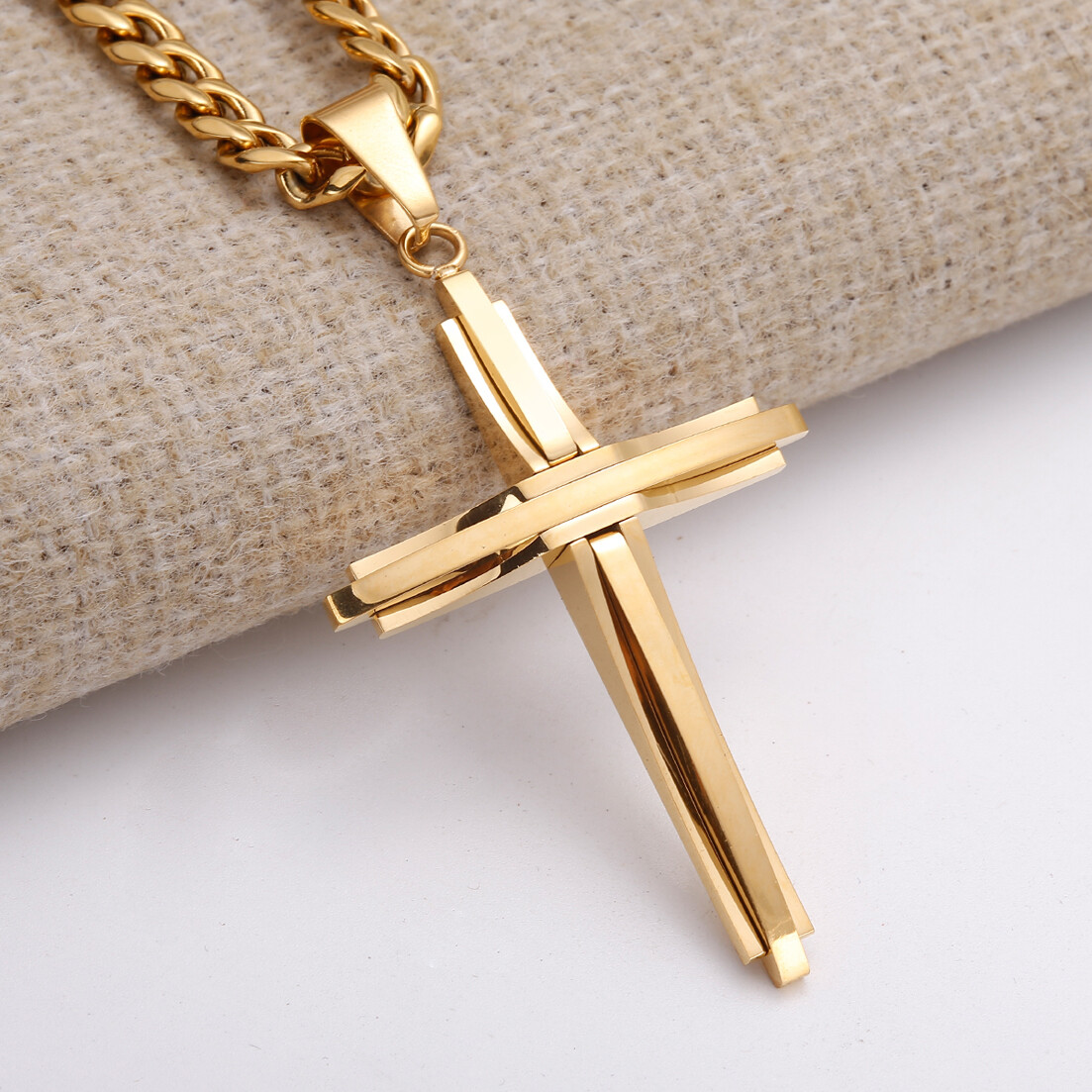 High Polished Stainless Steel Cross Pendant Necklace Cuban Link Chain 4Colors