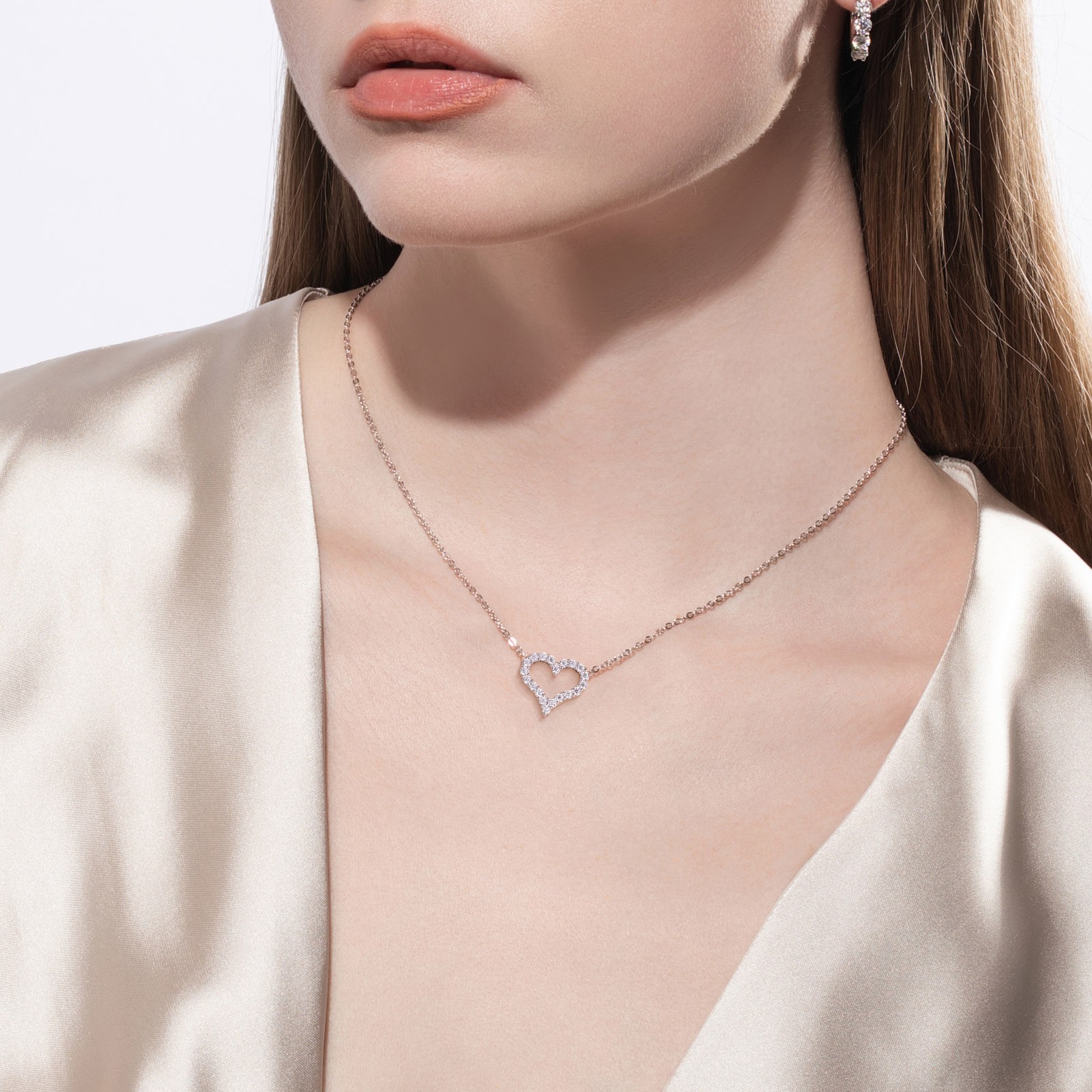 Fashion 925 Sterling Silver Moissanite Love Heart Necklace Stud Earrings Set