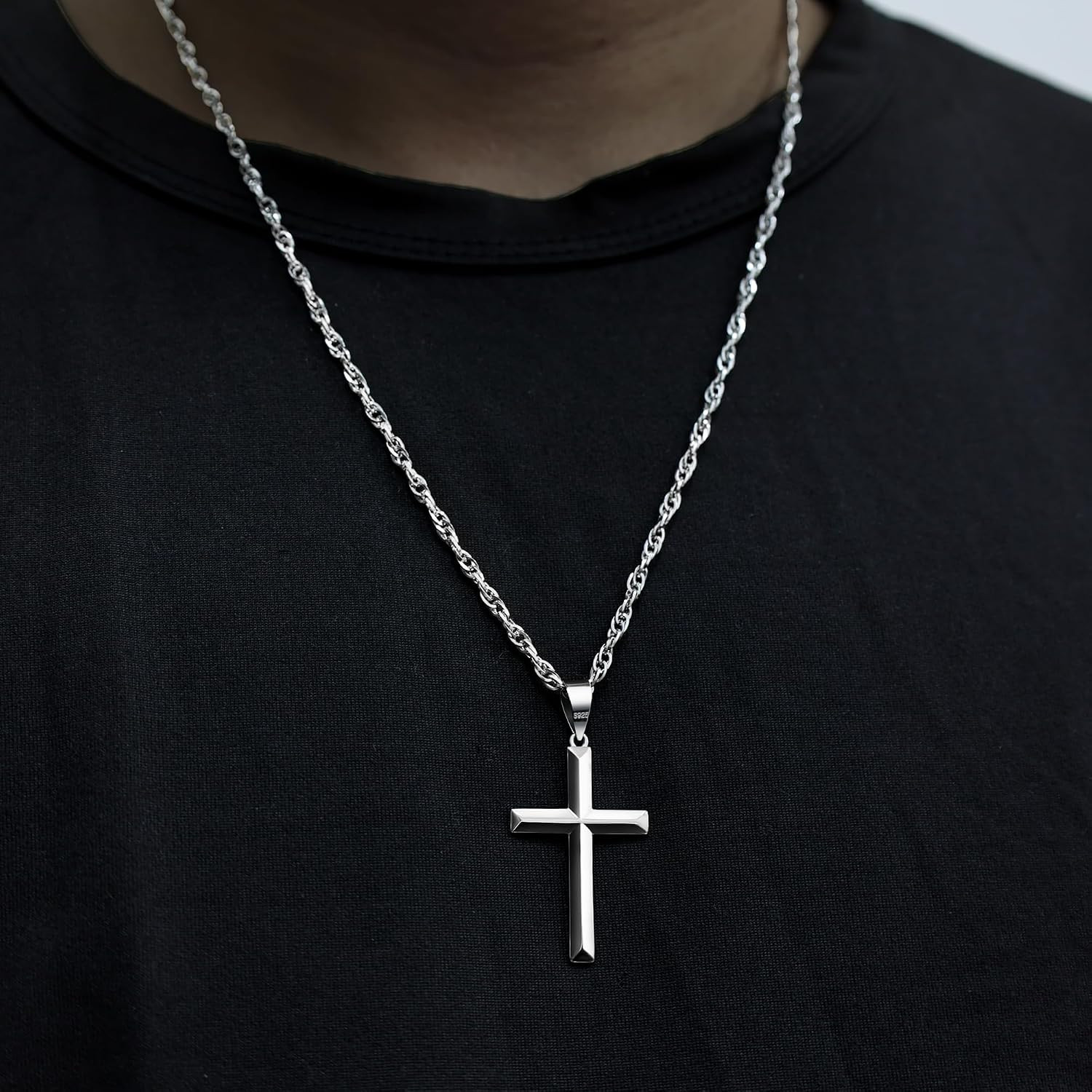 925 Sterling Silver Cross Necklace Beveled Edge for Men Women 3Mm Stainless Stee