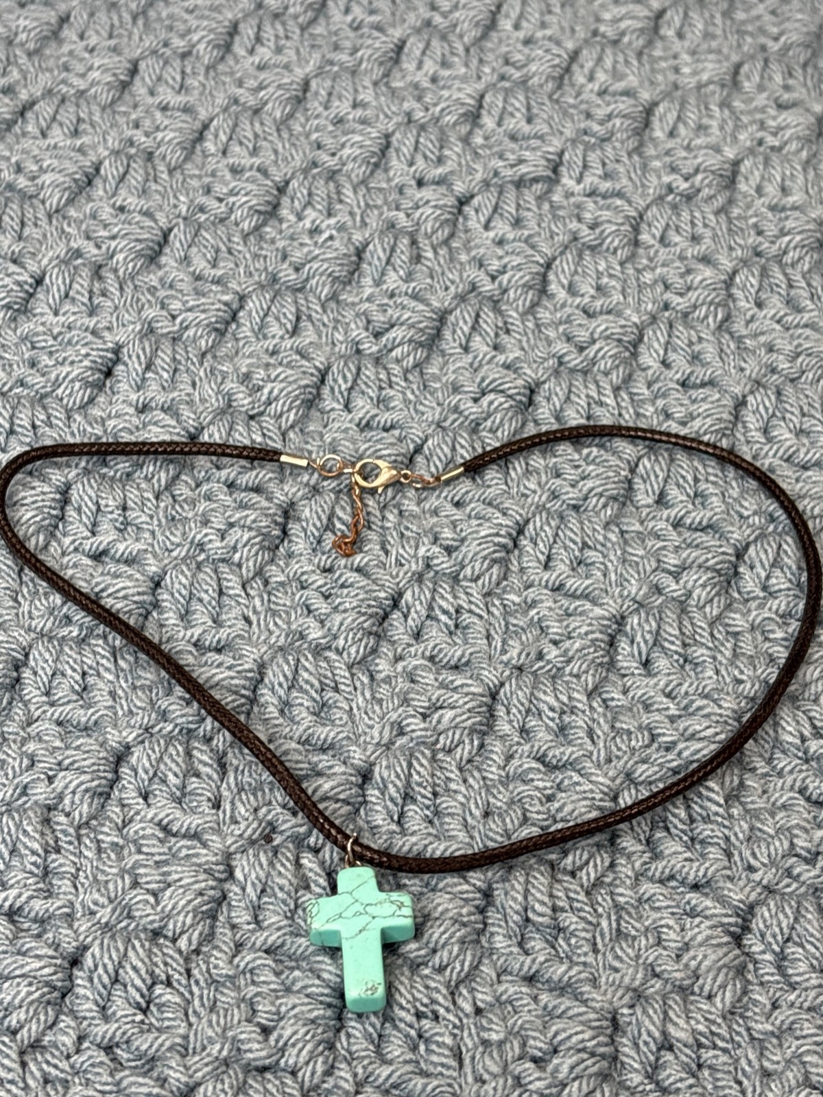 Plastic Faux Turquoise Cross Pendant Necklace Black Cord 16 – 17 inches Long