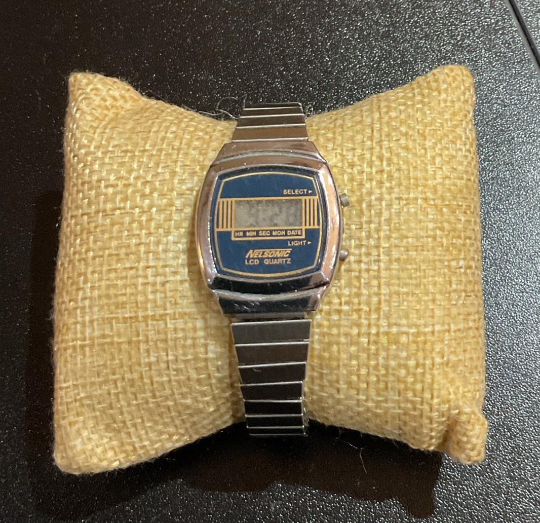 Nelsonic Vintage Quartz Digital Watch Date 33mm Rectangle SS Stretch 1980s