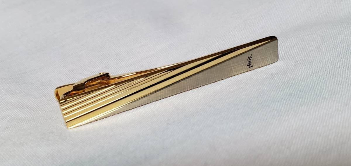 Rare Yves Saint Laurent Vintage YSL Logo Shiny Combination Tie Pin Gold Stripe
